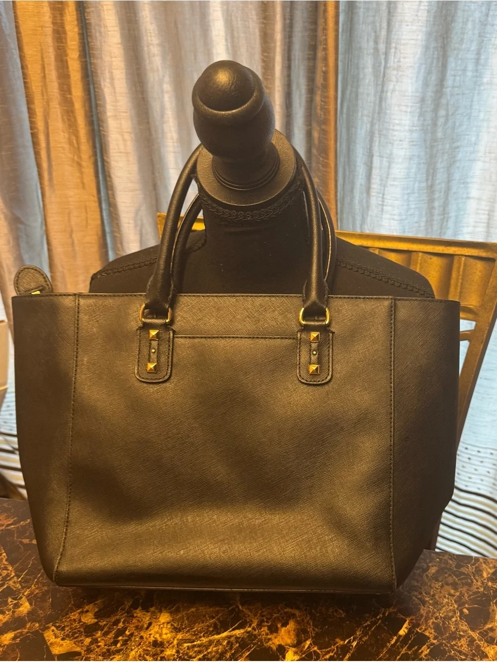 Michael Kors Black Leather Studded Tote with Gold Hardware